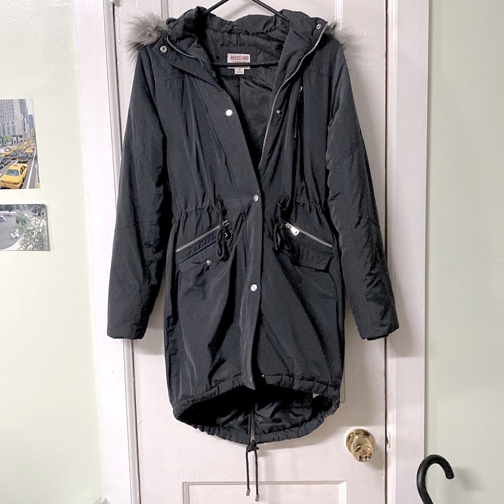 Mossimo Gray Utility Parka Coat Faux Fur Trim Hood in Womens Size XS Extra Small